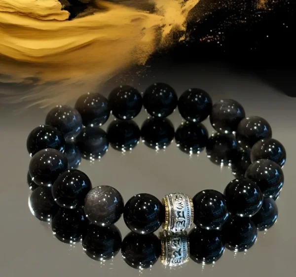 Guardian of Unity-Natural Silver Sheen Obsidian & Six-Syllable Mantra Couple Bracelets